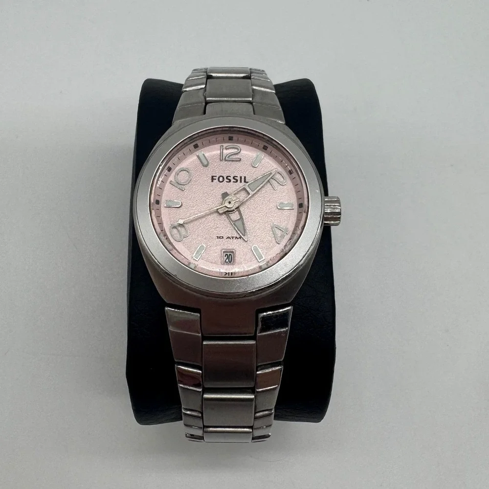 Fossil AM-4311 Pink Dial Stainless Steel 10 ATM Date Watch Womens needs bat